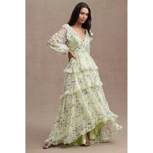 Mac Duggal Tiered Chiffon Maxi Dress Womens 4 Prairie Cottagecore Floral Formal